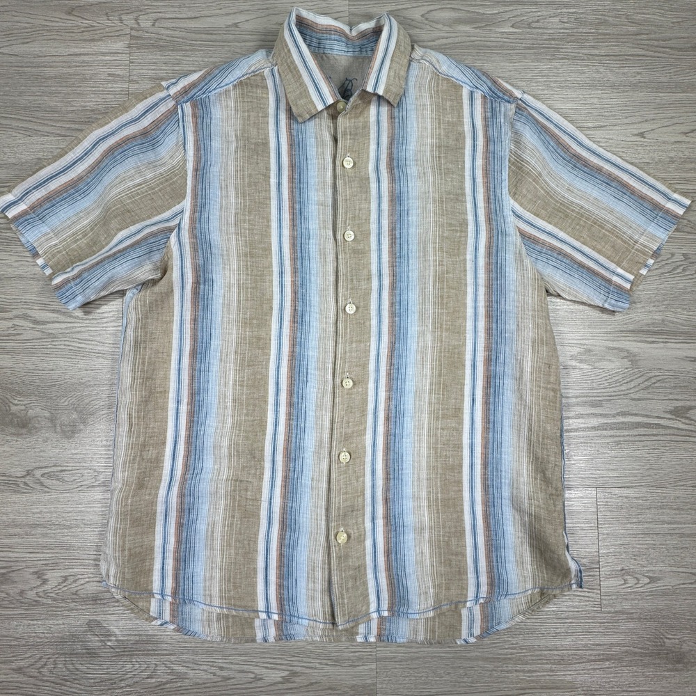 Tommy Bahama Men's Button Down Shirt‎ 100% Linen Striped Blue Tan Size Medium